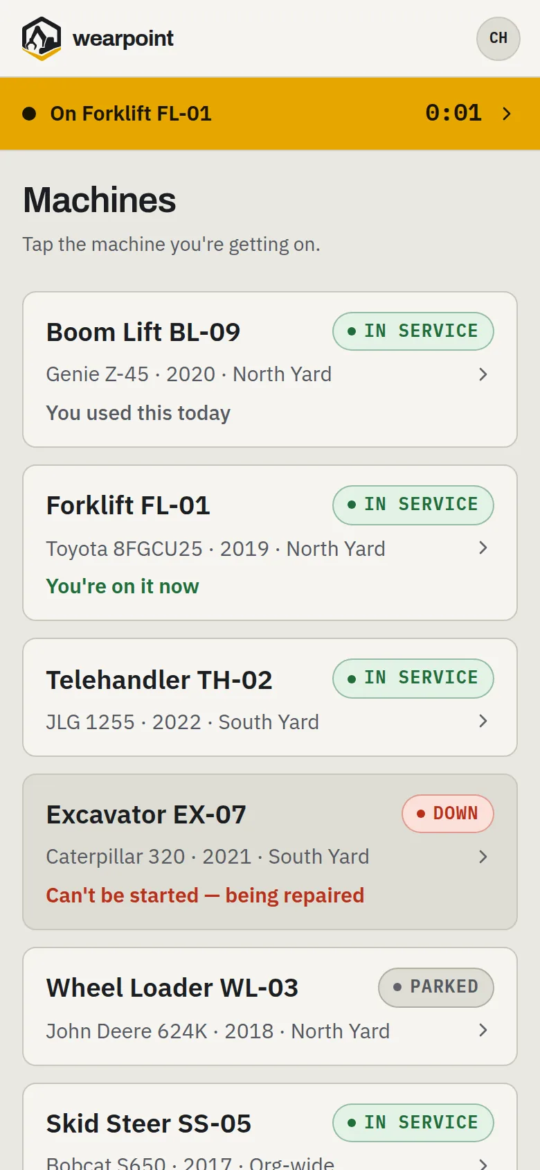 The wearpoint machine list on a phone: each machine’s status, the one you’re on, and the one that can’t be started.