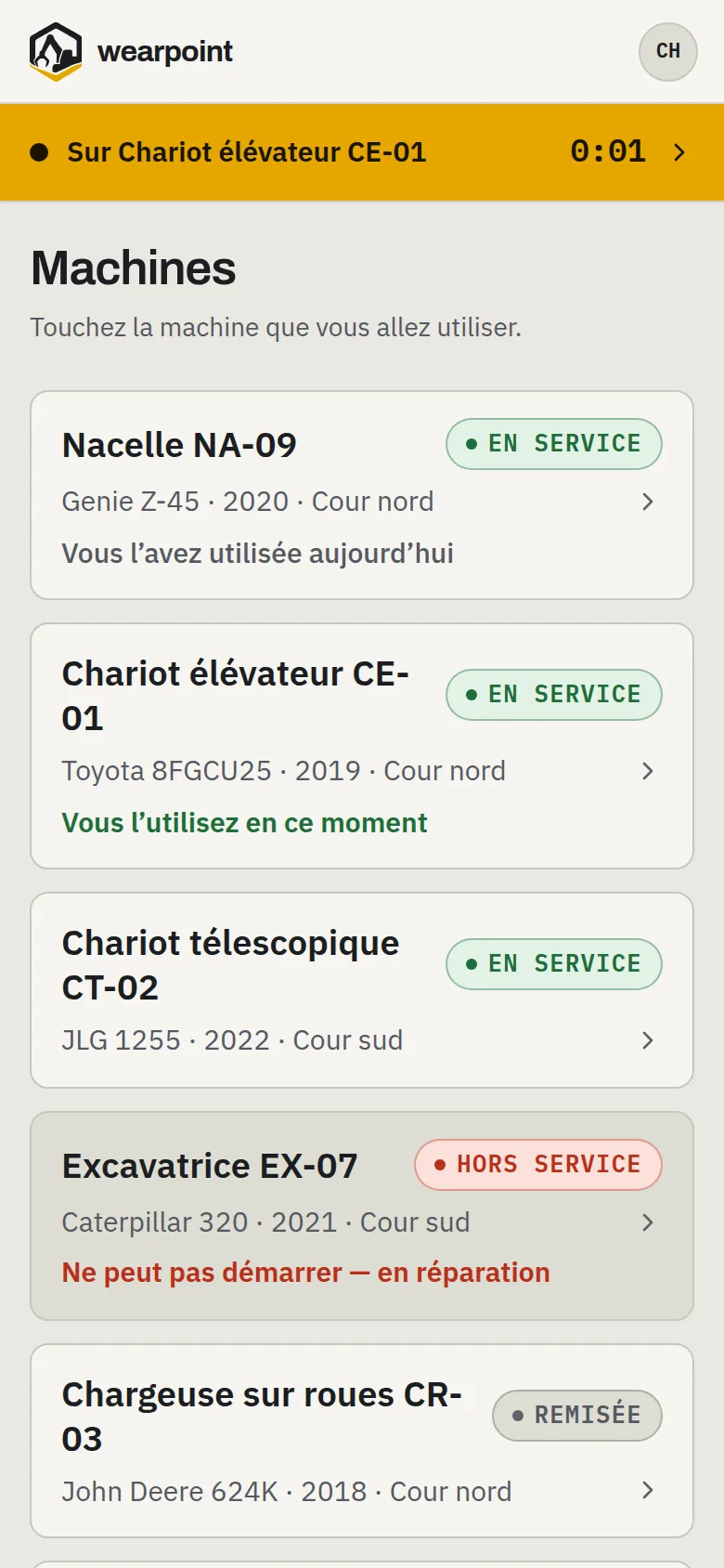 La liste des machines de wearpoint sur un téléphone : l’état de chacune, celle en cours et celle qu’on ne peut démarrer.
