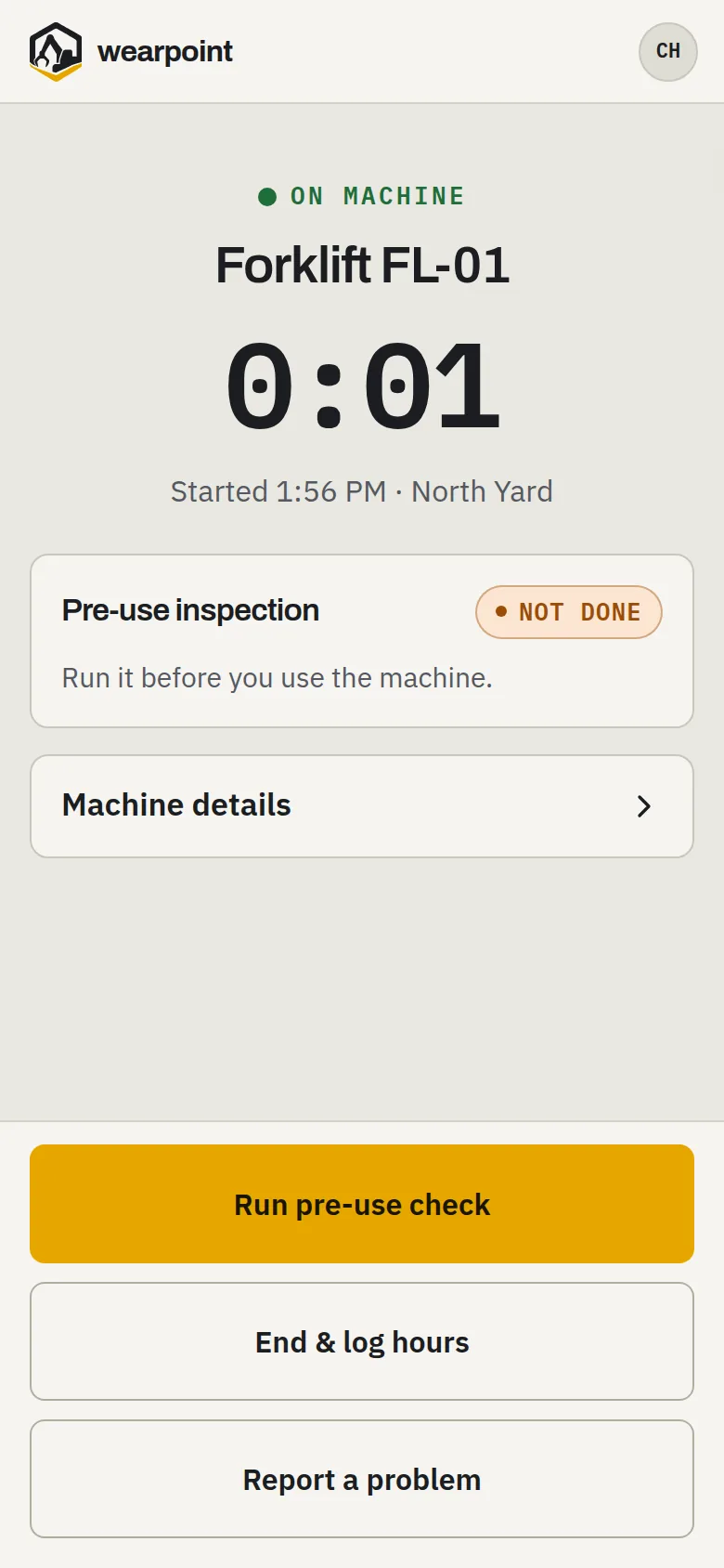 An operator on a forklift in wearpoint: session timer, pre-use check not done, end and log hours, and report a problem.